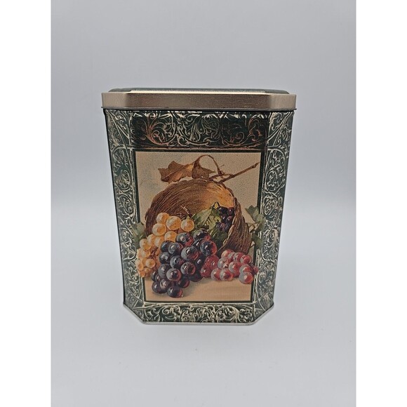 Vintage Hexagon Shaped Cookie Candy Storage Tin with Fruit Design - Picture 1 of 12